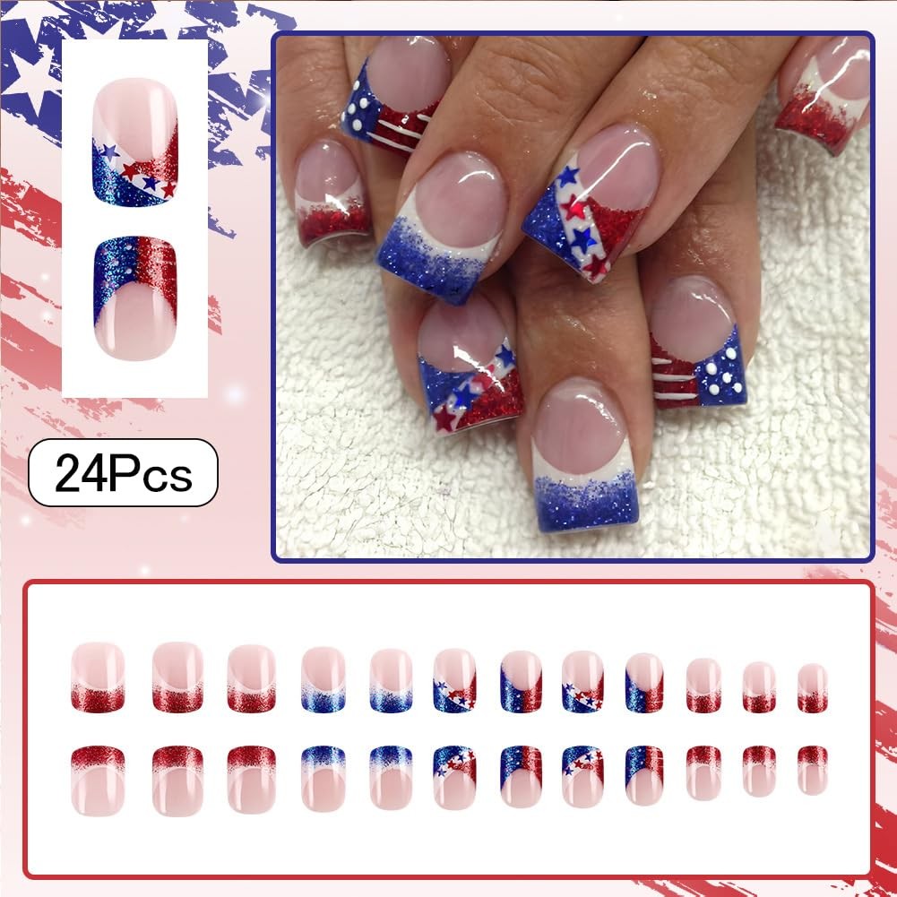 4th of July Nails – Medium Square Press On Nails with Stars, Stripe, Glitter …