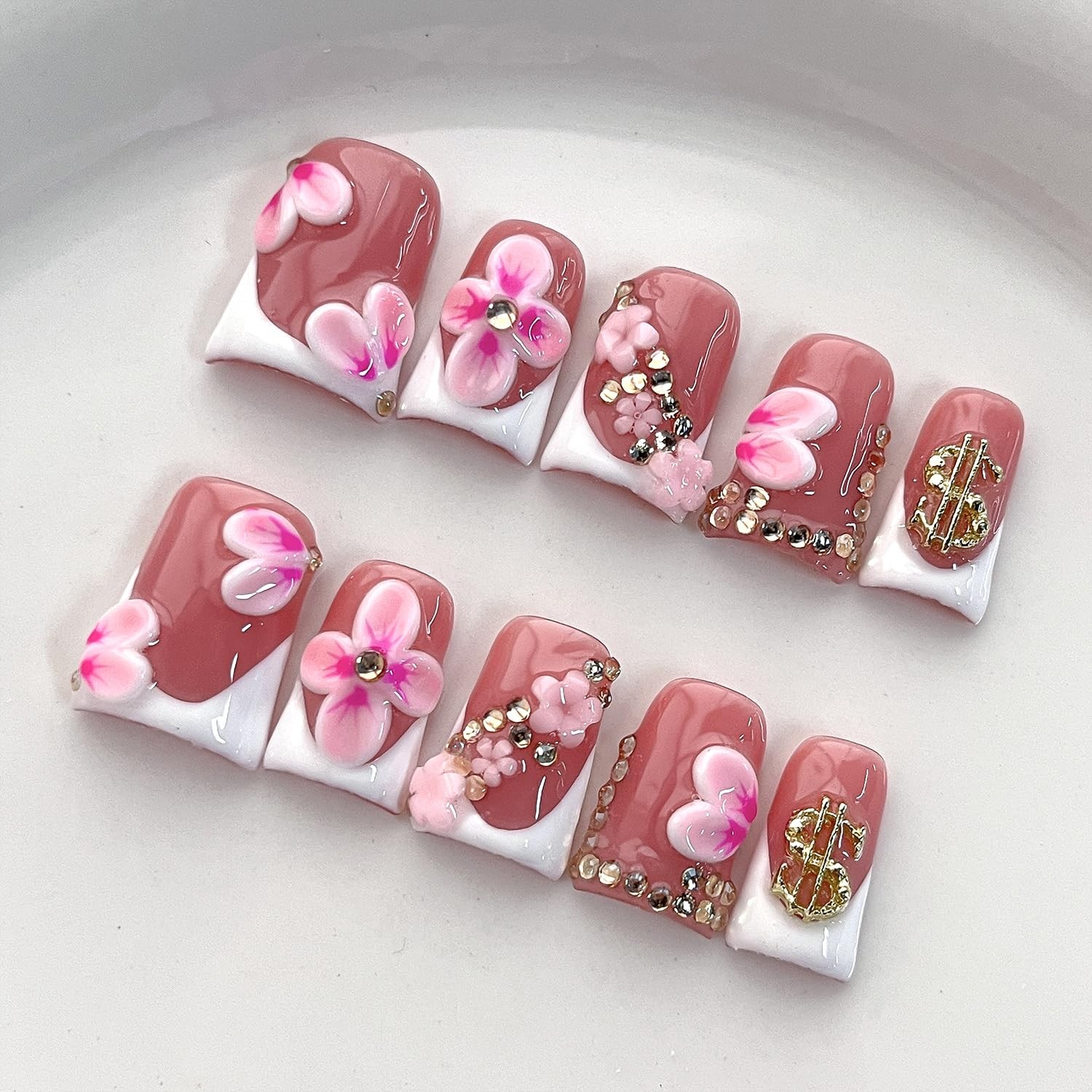 BRKYKGK French Tip Press On Nails Handmade Short Duck 3D Flower Thick Acrylic