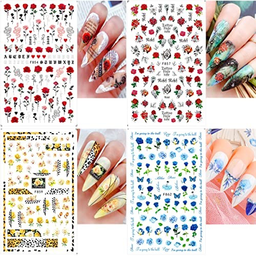 6 Sheets Flower Nail Art Stickers 3D Blue Pink Red Rose Nail Decals Spring