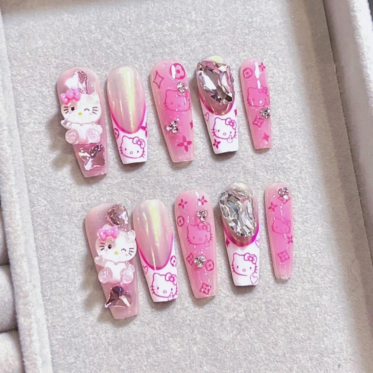 Hello Kitty French Bling Long Handmade Artisan Press On Nails