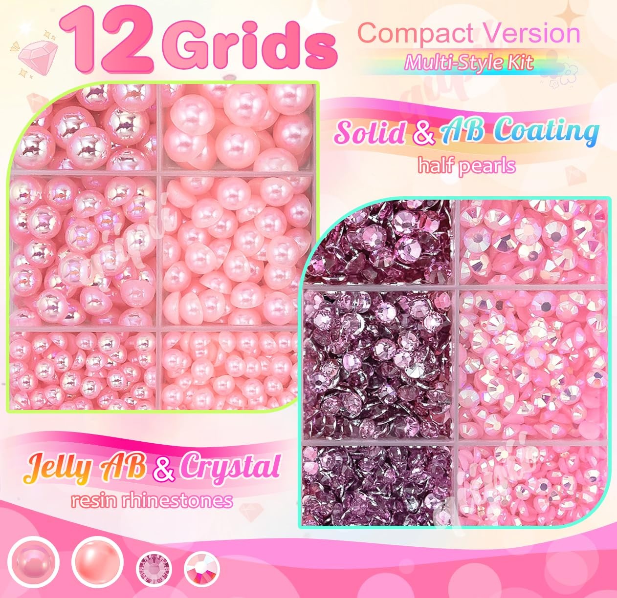 qiipii 3mm-8mm Dark Pink Flatback Pearls and Rhinestones for Bedazzling Craft…