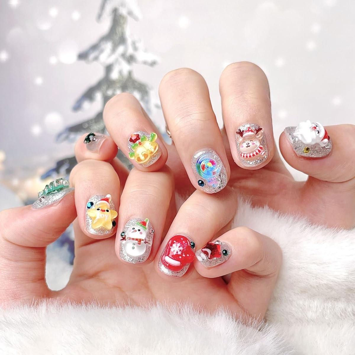 10Pcs Handmade Christmas Press on Nails Short Square Fake Nails 3D Santa Claus