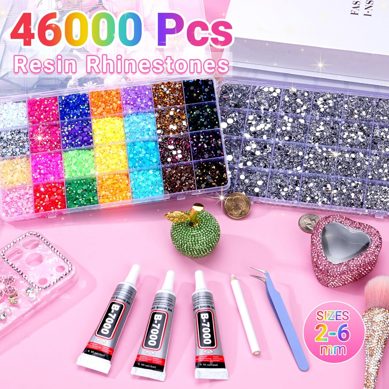 46000 Pcs Multicolor Jelly Rhinestones & Silver Flatback Gems for Crafting Kit,