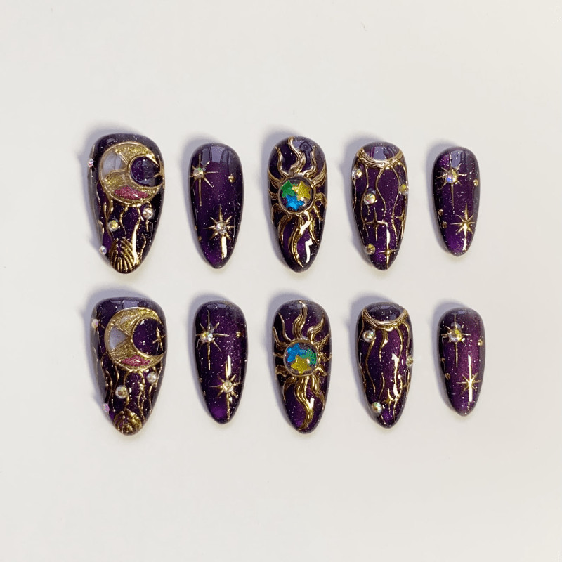 Galaxy Moon Handmade Press on Nails Gold Purple Glitter Star Gloss Fake Nails