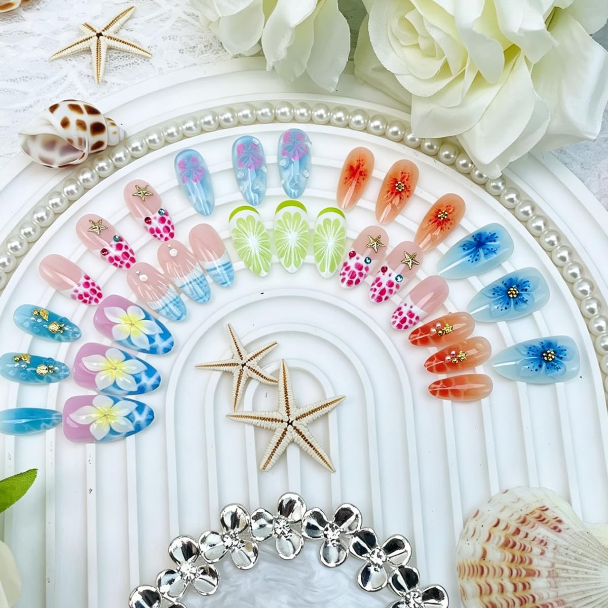 30Pcs Summer Ocean Press on Nails 3D Relief Starfish Shell Flower Design Fake…
