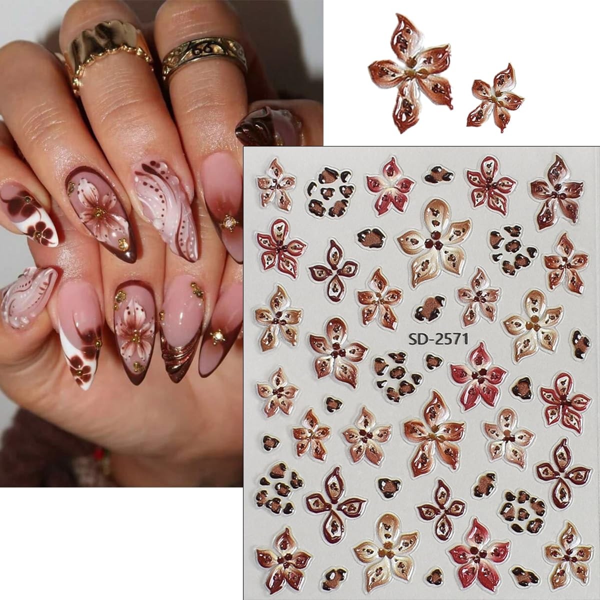 Leopard Print Flower Nail Art Stickers, 3 Sheets