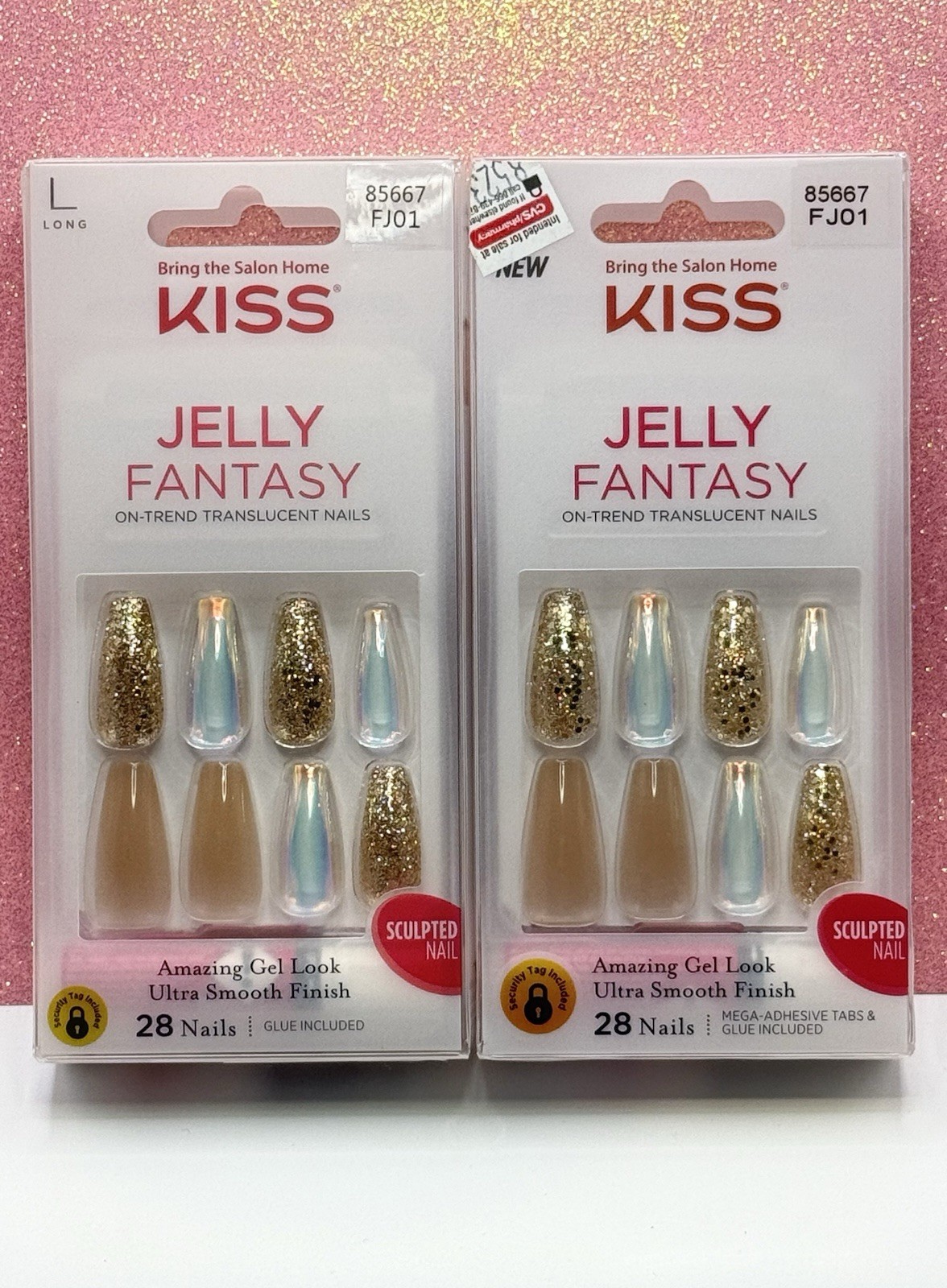 Kiss Jelly Fantasy Press-On Nails Long Nude Glitter 85667 (Lot Of 2)