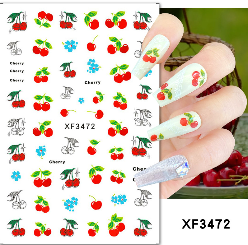 Nail Stickers Waterproof Red Cherry Design DIY Decal Flower Fruit Easy Use NH18