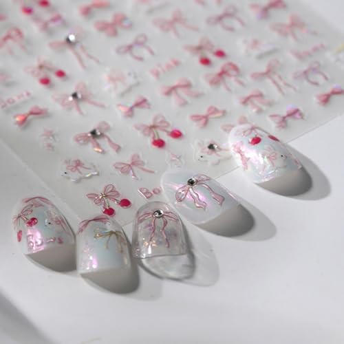 Bow Nail Art Stickers 3D Self-Adhesive Glitter Pink Bows Nail Glitter Bow Style