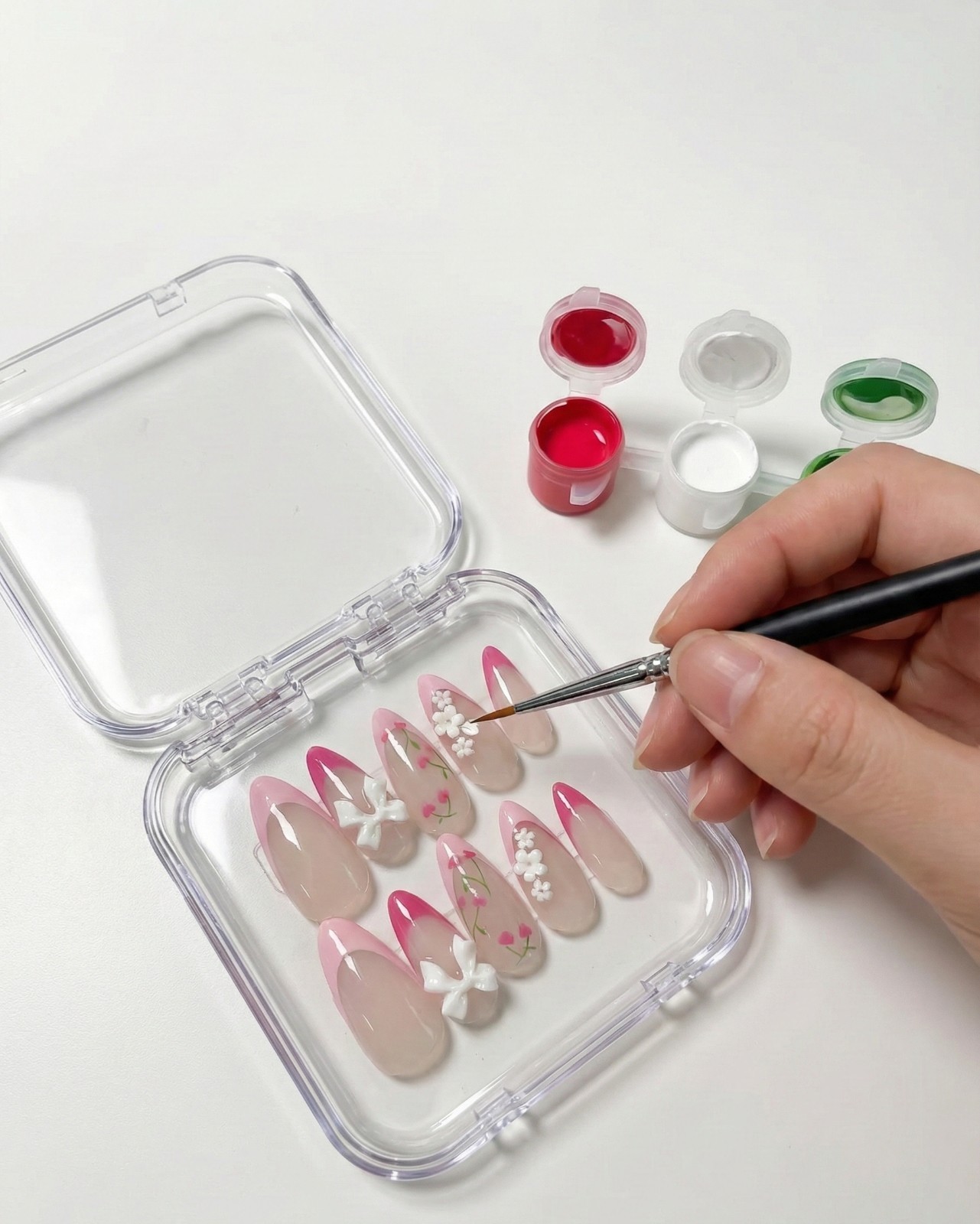 Handmade Press On Nails Pink French Tip 3D White Flower Bow Cherry