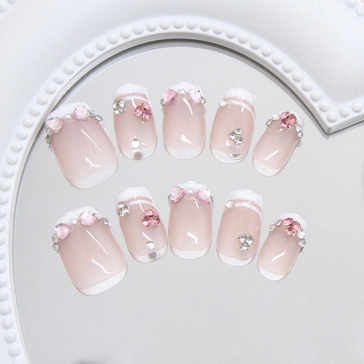 Pink Medium Square Fake Nails Glossy White French Tip Press Nails Reusable St…
