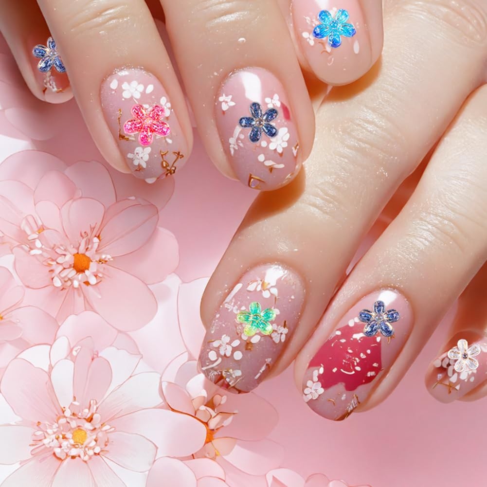 1 100Pcs Tiny Flowers Nail Decorations Floral Nail Gems Mini Random Color Gli…