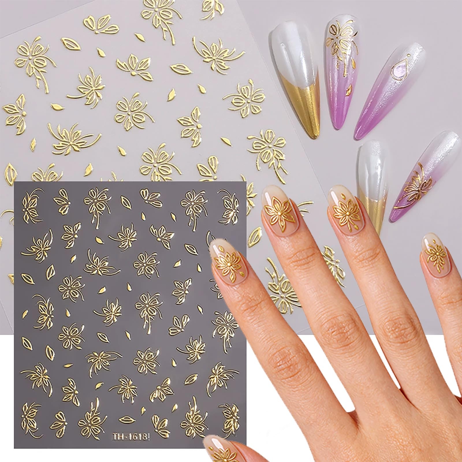 6 Sheets Gold Nail Stickers Set 3D Flower Leaf Butterfly Nail Art Stickers, -…