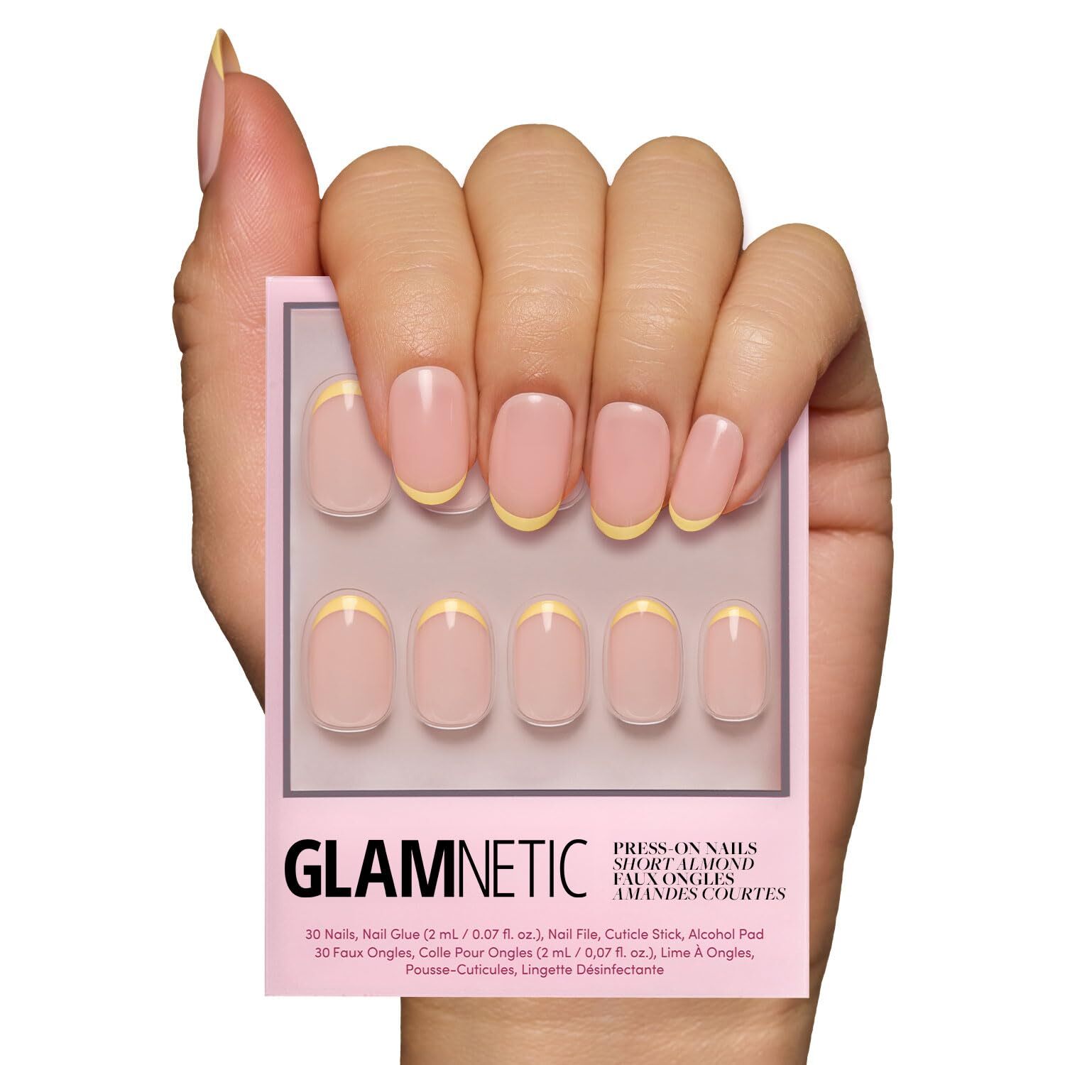 Press On Nails French Butter Short Round Yellow French Tips Glossy Finish 30 Kit