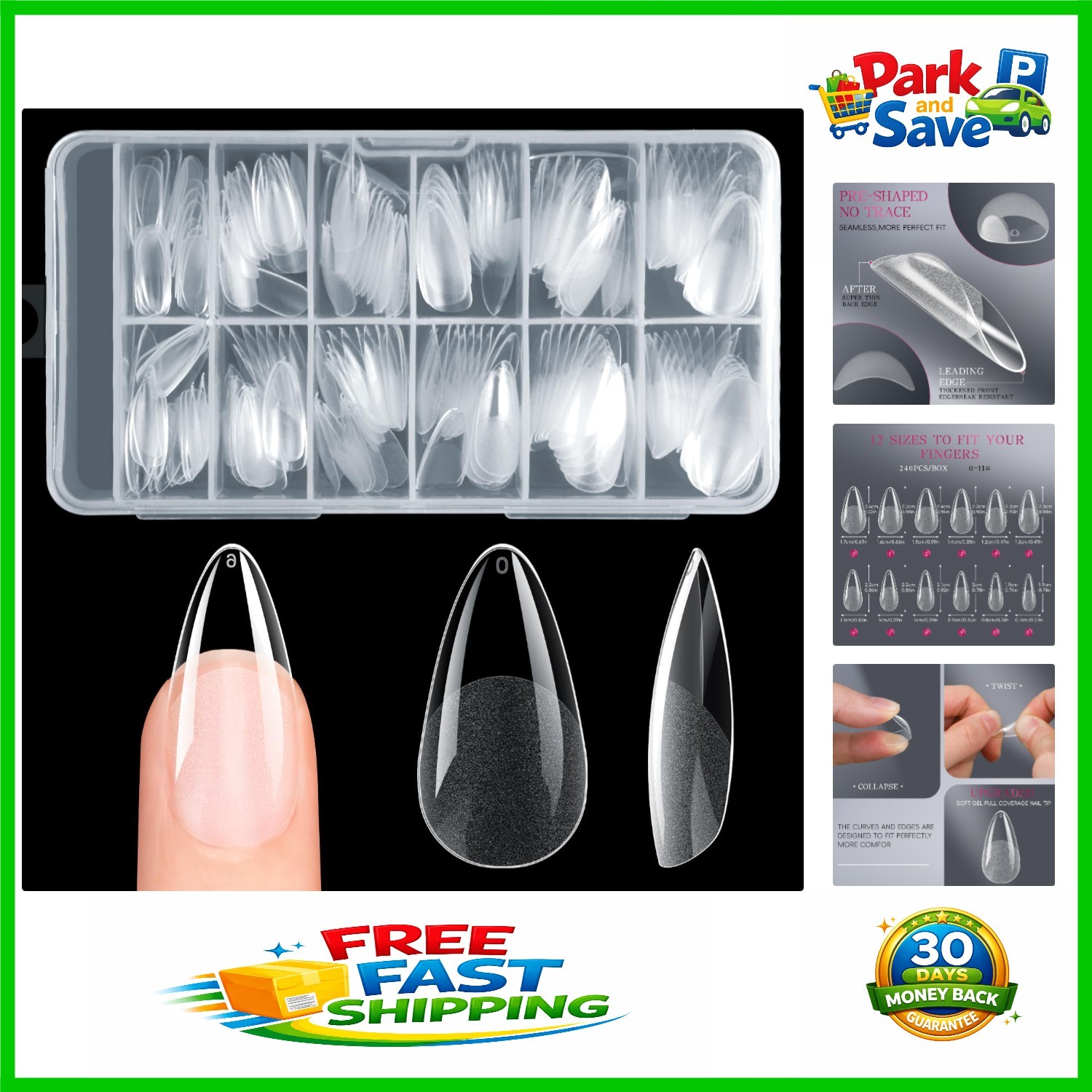 Professional 240Pcs Soft Gel Almond Nail Tips in 12 Sizes with Half Matte Finish
