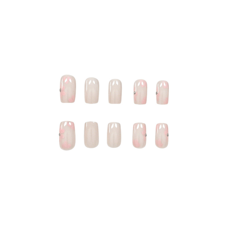 48p Short Square Press on Nails, Milky White French Pink Floral Cute Daily Nails
