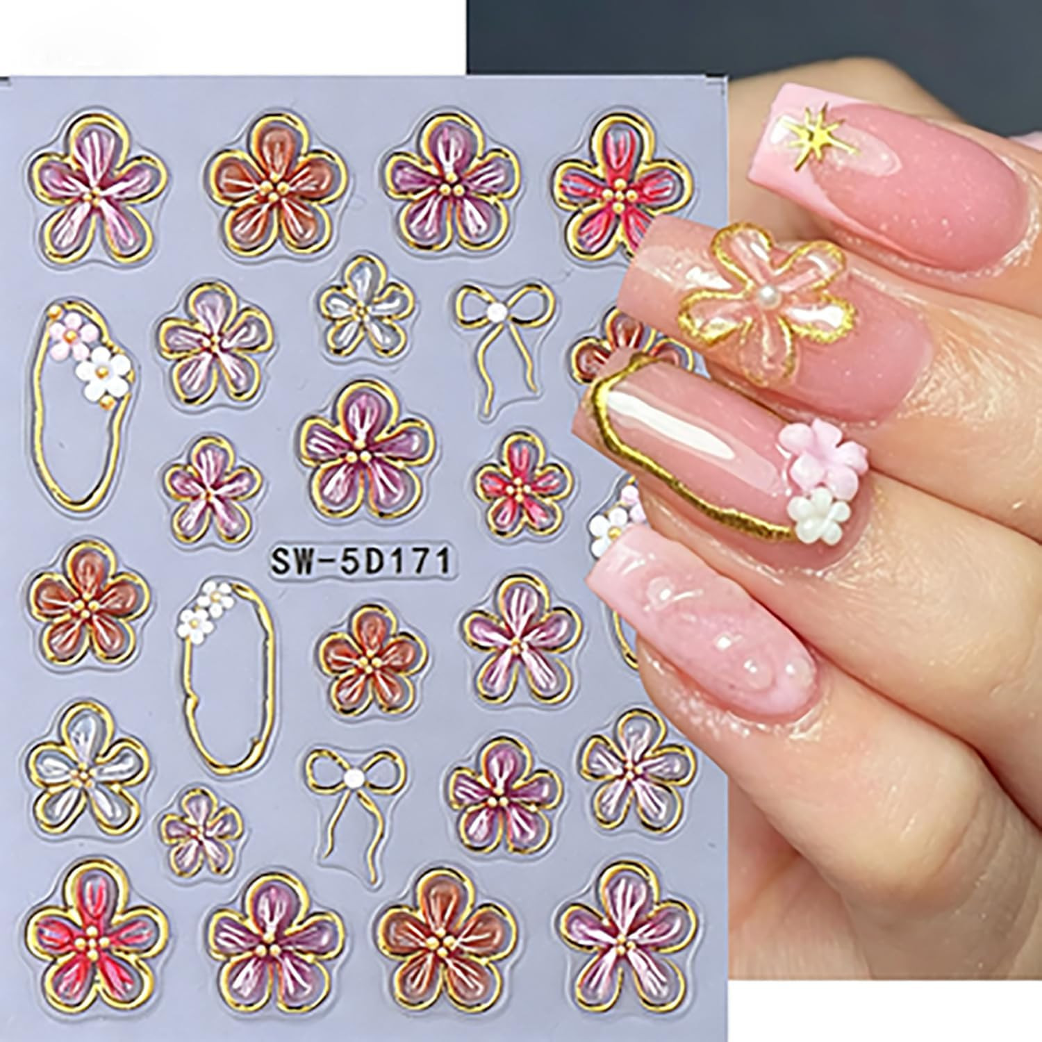 5D Embossed Gold Line Flower Nail Stickers – 2 Sheets Self-Adhesive Pink Floral