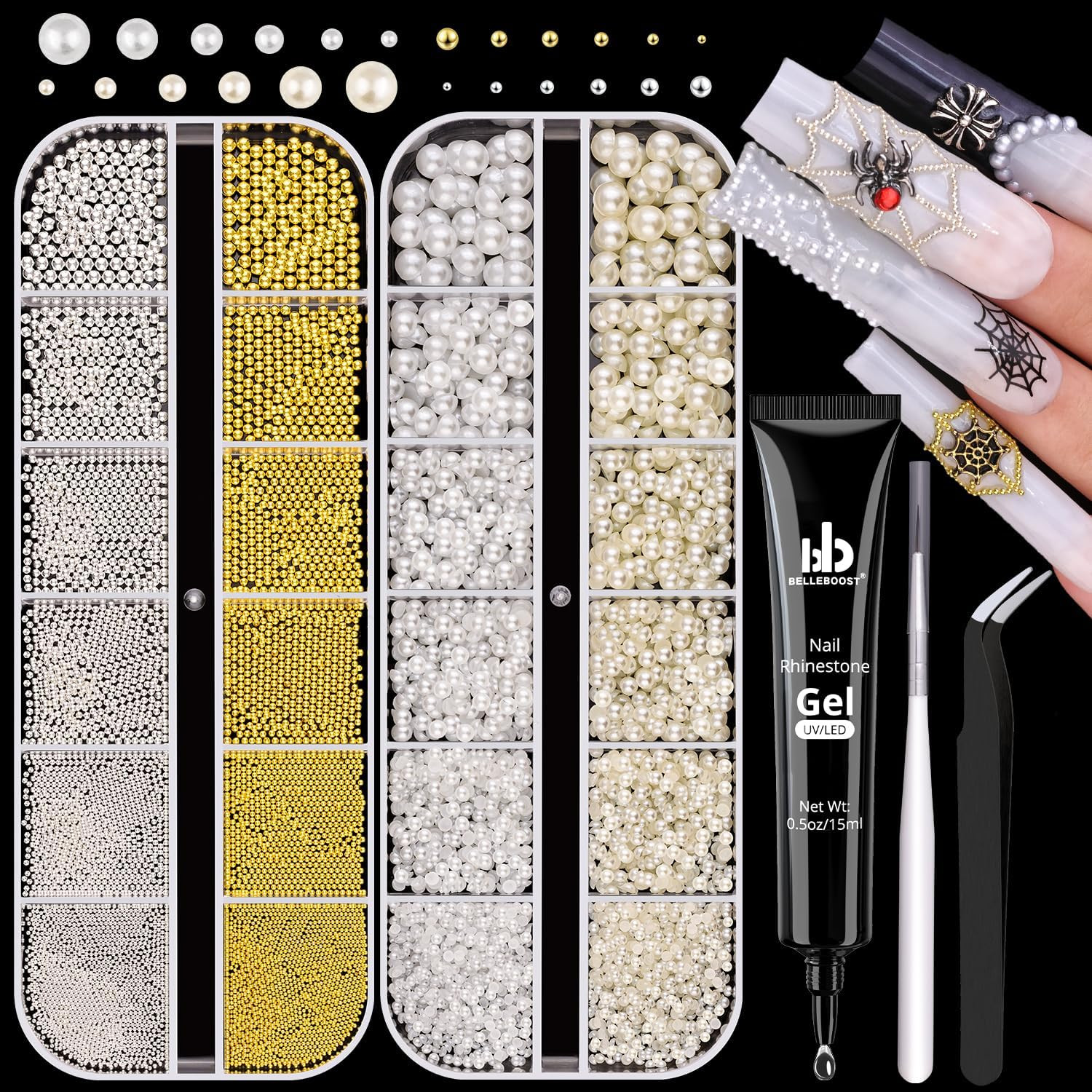 2 Boxes Flatback Pearls (White+Beige) and Silver+Gold Nail Beads for Nail Art wi