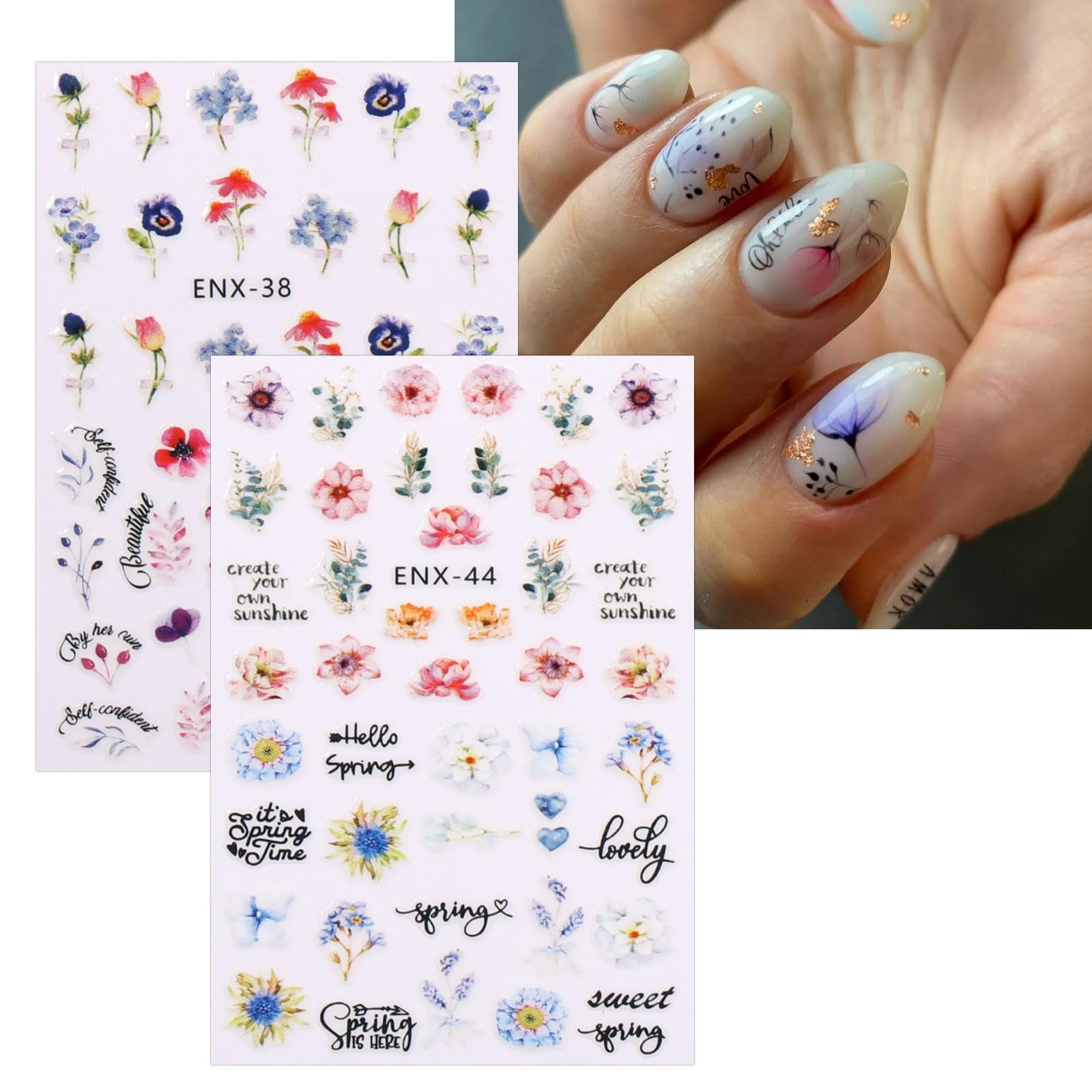 JMEOWIO 12 Sheets Flower Nail Art Stickers Decals Self-Adhesive Pegatinas…