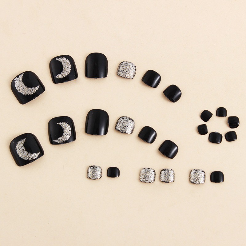 96Pcs-Black Glitter Moon Rhinestone Cool Square Daily Summer Toe Press on Nails
