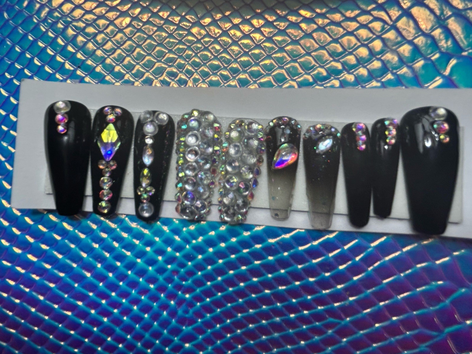 Halloween 🎃Black Handmade Black With Diamonds Press On Nails Long Coffin ✨🖤