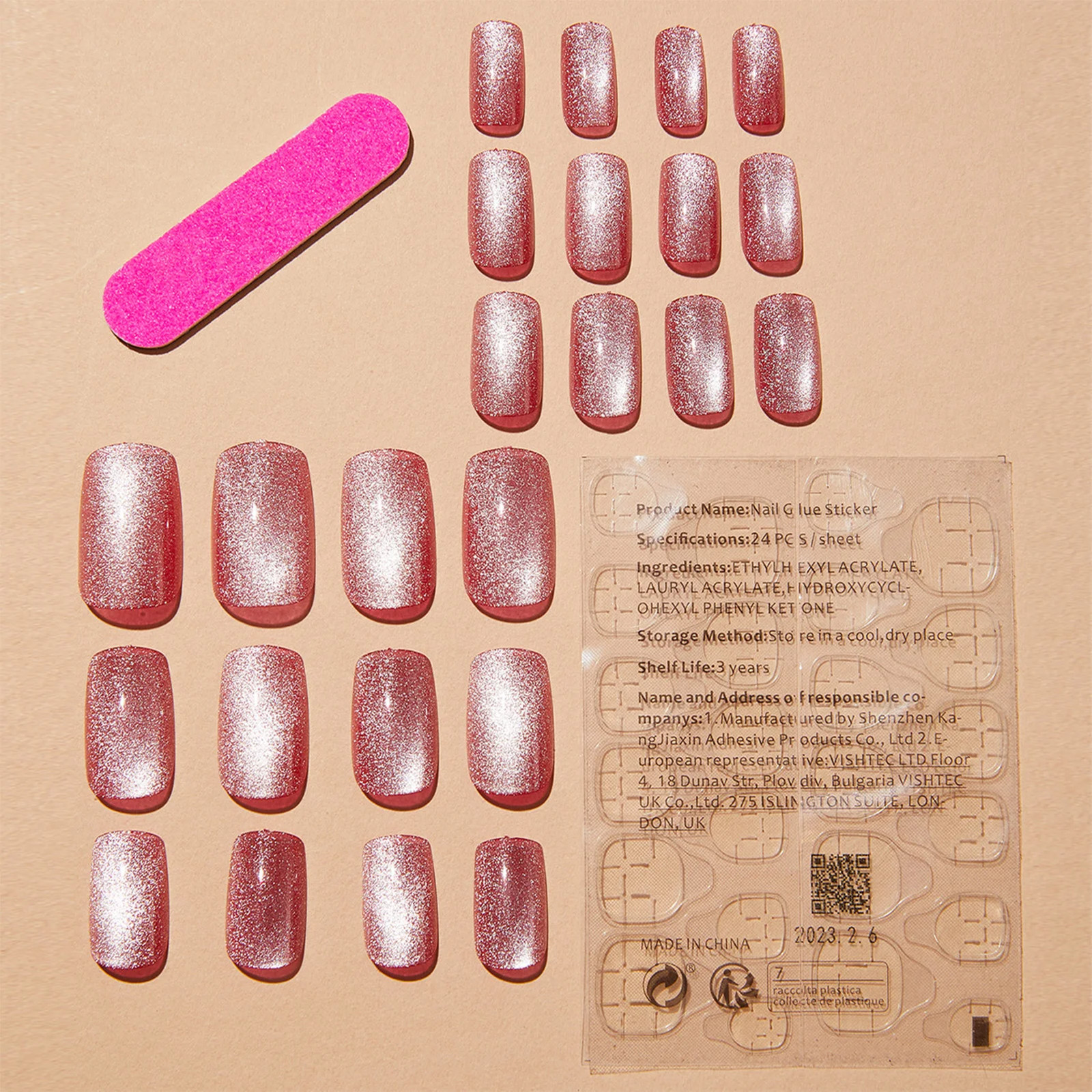 24pcs Pink Cat Eye Glitter Press On Nails With Jelly Glue