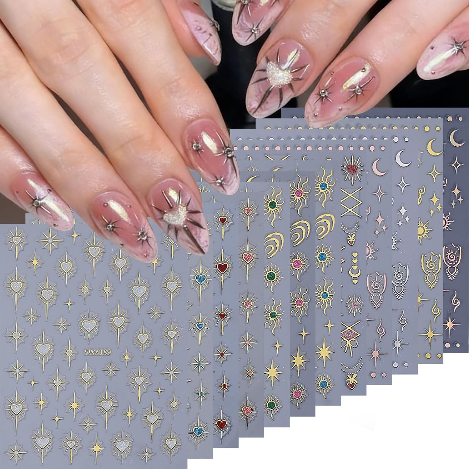 Elegant Holographic Nail Decals – 12 PCS Sun Heart & Stars for Every Occasion
