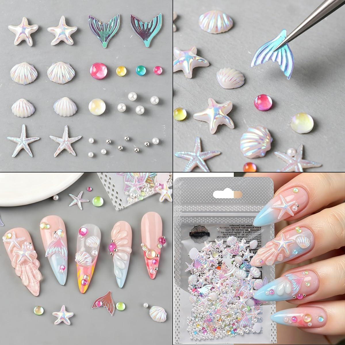 200Pcs 3D Aurora Beach Nail Charms Set Summer Ocean Nail Art Charms with Mermaid