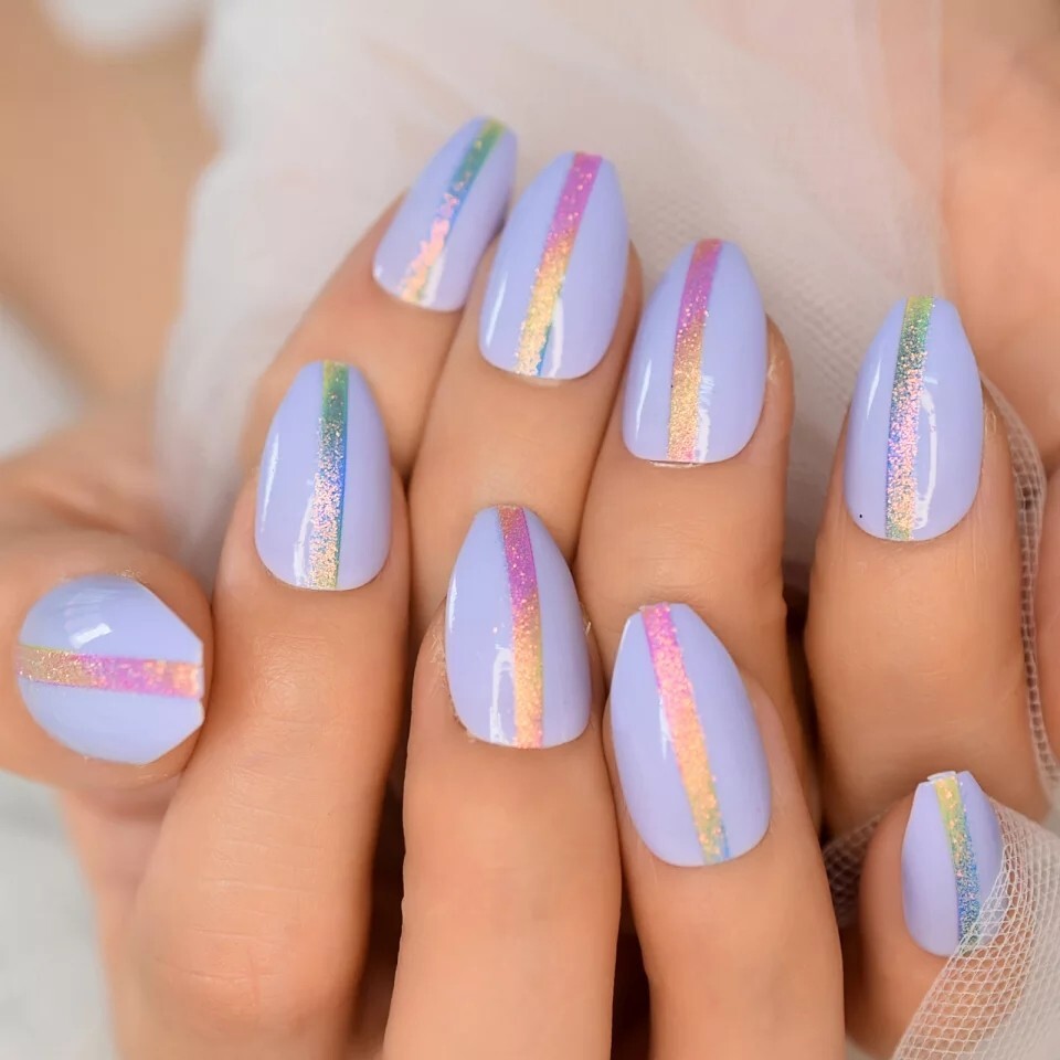 24 Purple Holographic Press On Nails w/ Glue glitter rainbow bright light purple