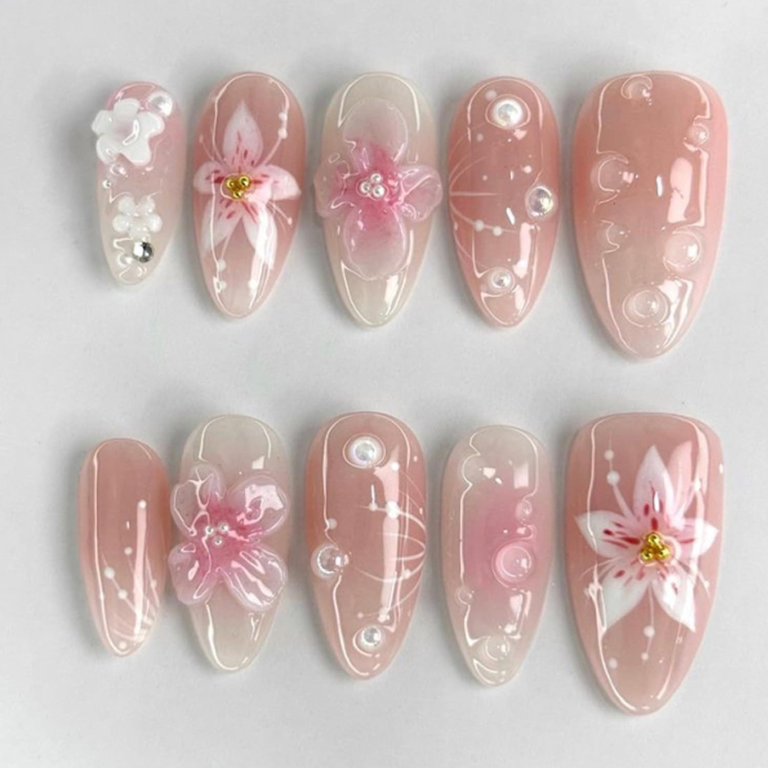 Nude Pink Summer Beach Press on Nails, Short Oval Fake Nails with 3D Cherry Star