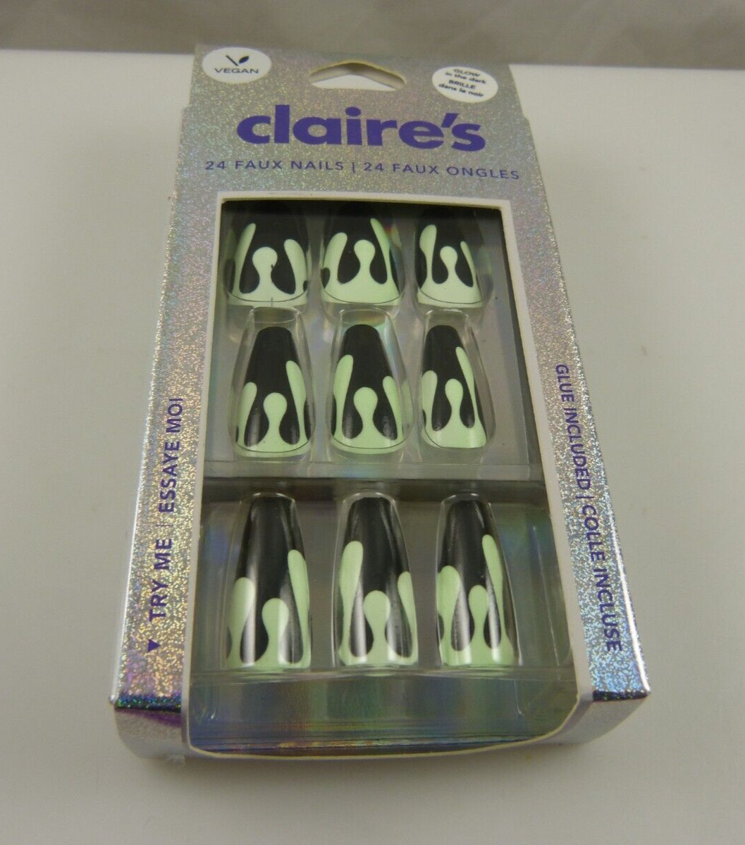 faux false nails halloween goth glow in dark color with glue Claire’s