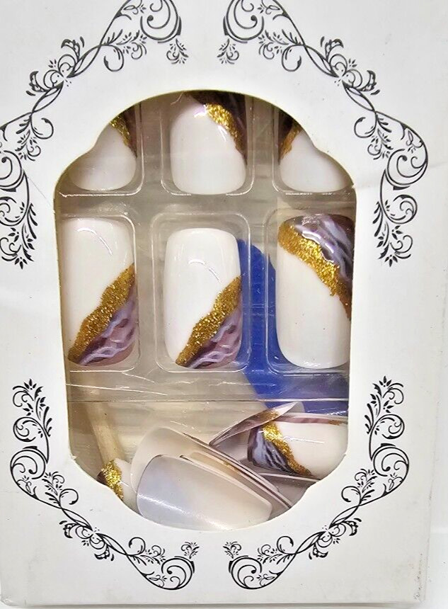 Press on Nails Short Square Fake Nails Nude False Nails with Ombre Gold Powder D