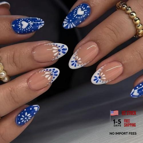Blue White Totem Press on Nails French Tip Fake Nails Short Almond style20