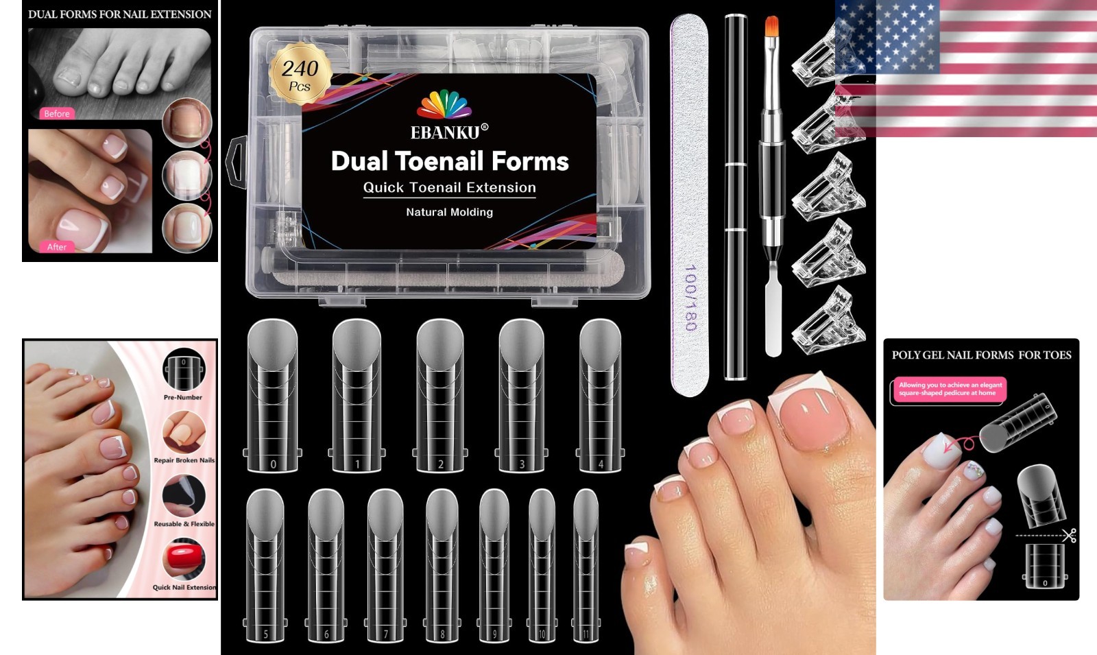 240 Pcs Poly Gel Toe Nail Form Kit – Reusable Dual Toe Molds for Acrylic Extens