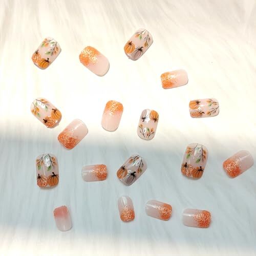 Fall Press on Nails Short Square Fake Nails Glitter Thanksgiving Nails Design-4