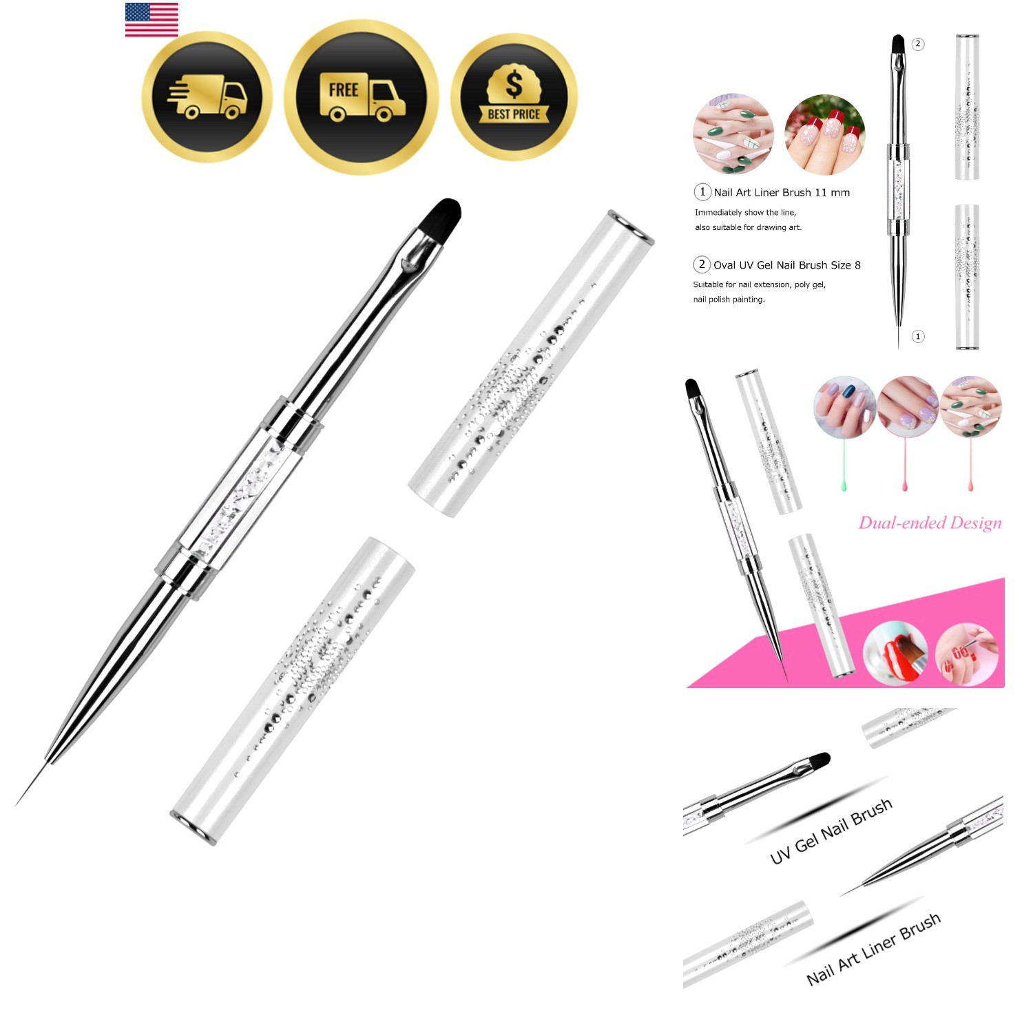 1Pcs Dual-ended UV Builder Gel Nail Brush Rhinestone Handle Nail Art Liner Br…