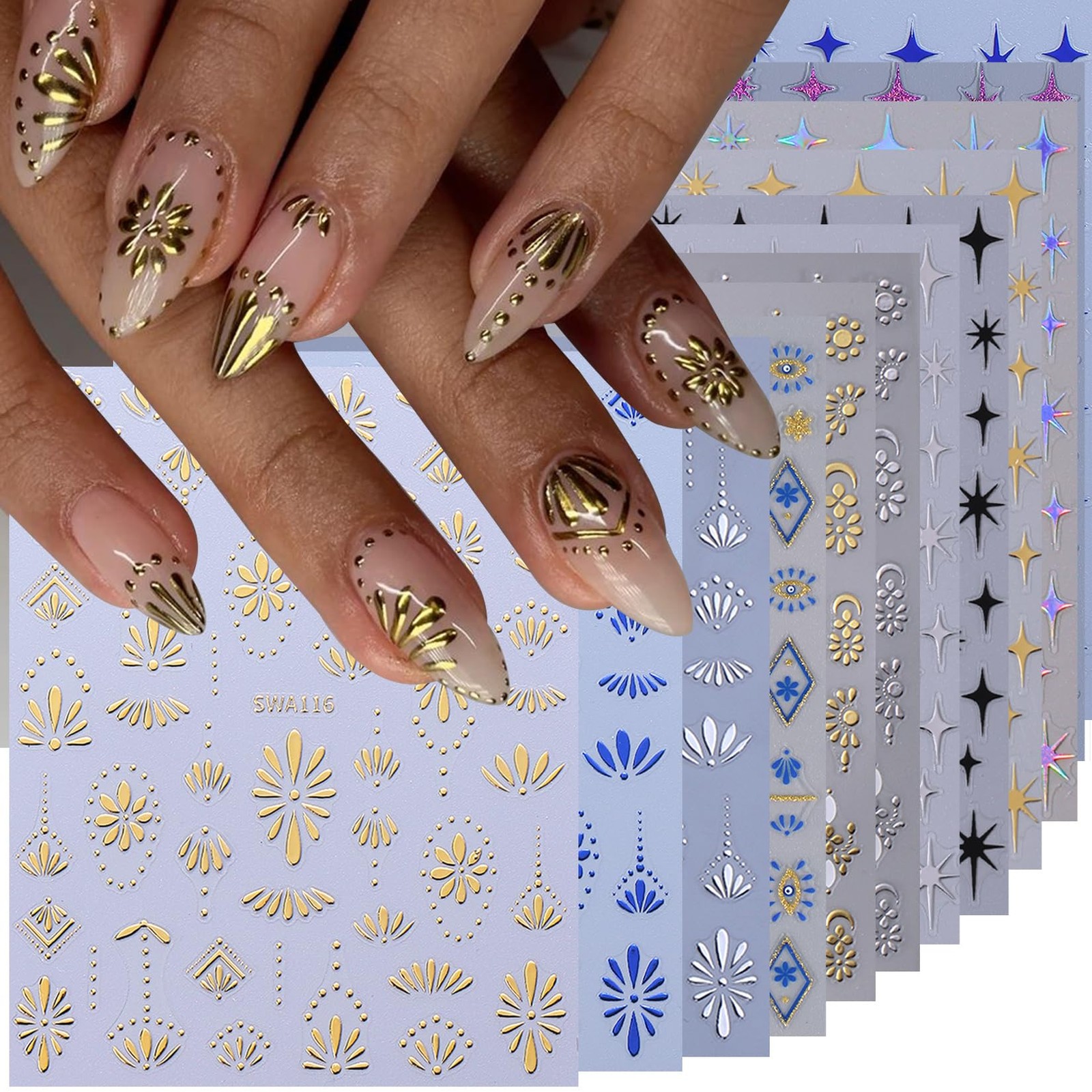 Bohemian Stickers for Nail Art 12PCS Boho Styles Decals Blue Colorful