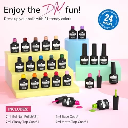 VANREESA 24 Pcs Gel Nail Polish Set, 21 Colors Gel Polish with Base Coat Glossy