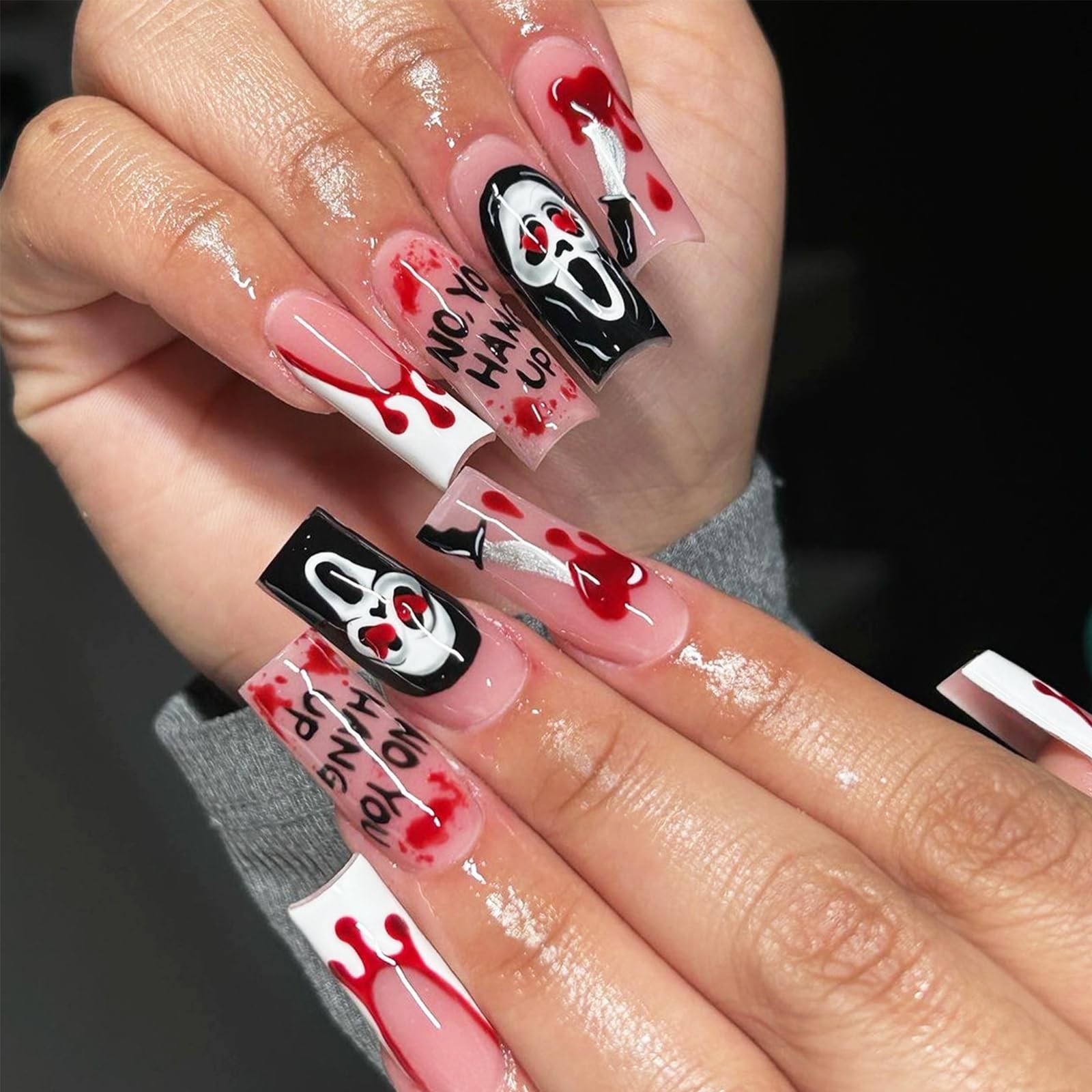 24Pcs Halloween Long Square French Tip Press On Nails, Bloody Ghost Design, Acry