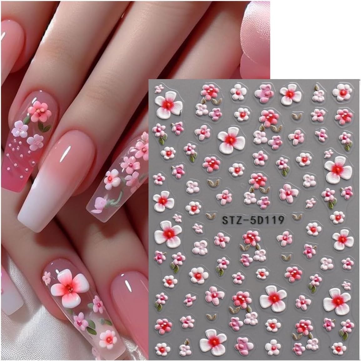 JMEOWIO 3D Embossed Flower Nail Art Stickers Decals Self-Adhesive 5D Spring Summ