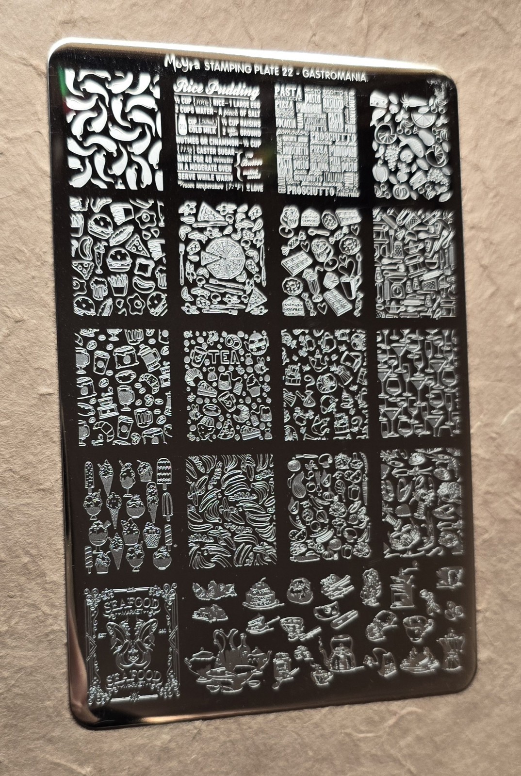 Moyra 22 Gastromania Nail Stamp Plate Rice Pudding Tea Pizza Food Picnic Cheese