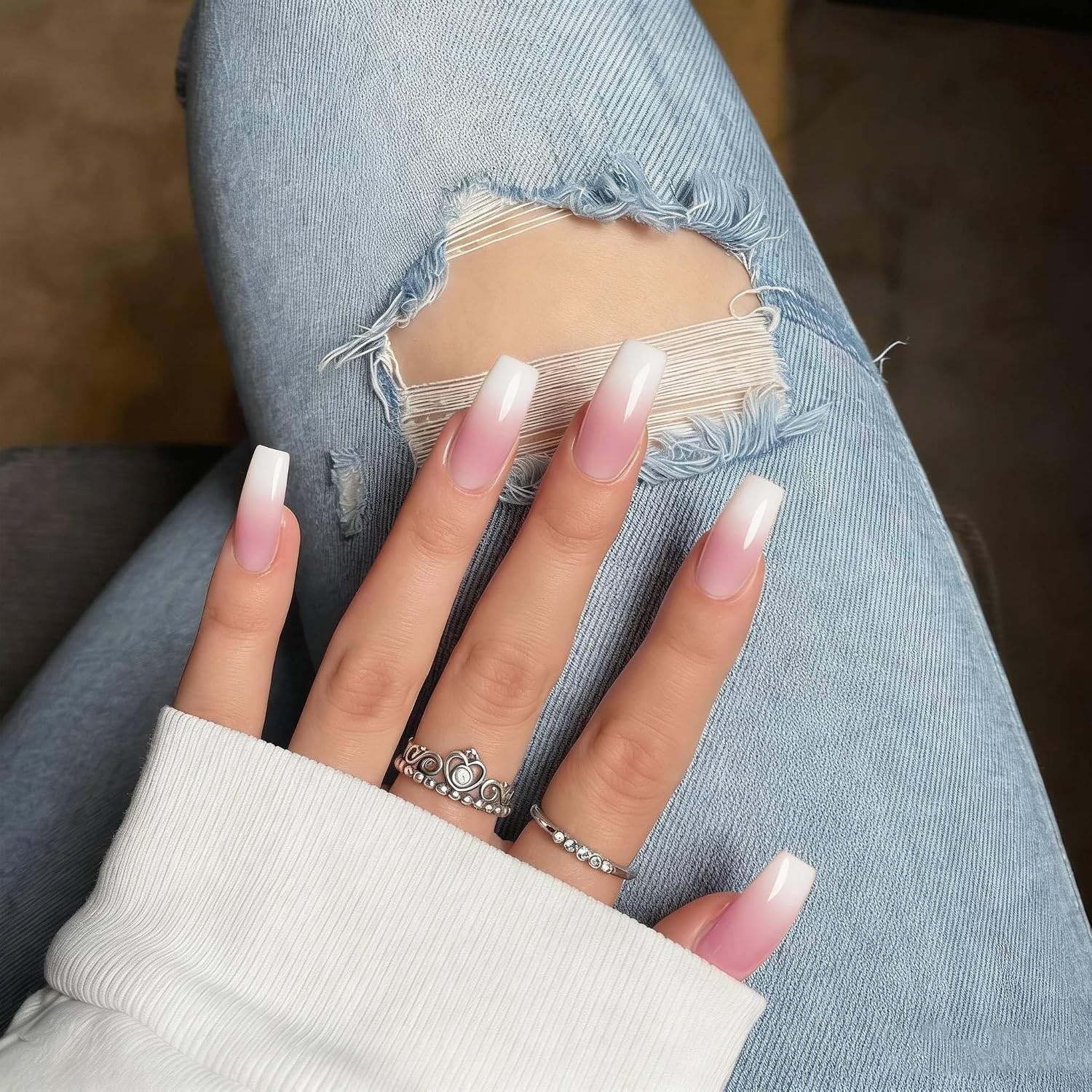 Long Square Press on Nails Ombre Pink French Tip Gradient White Set