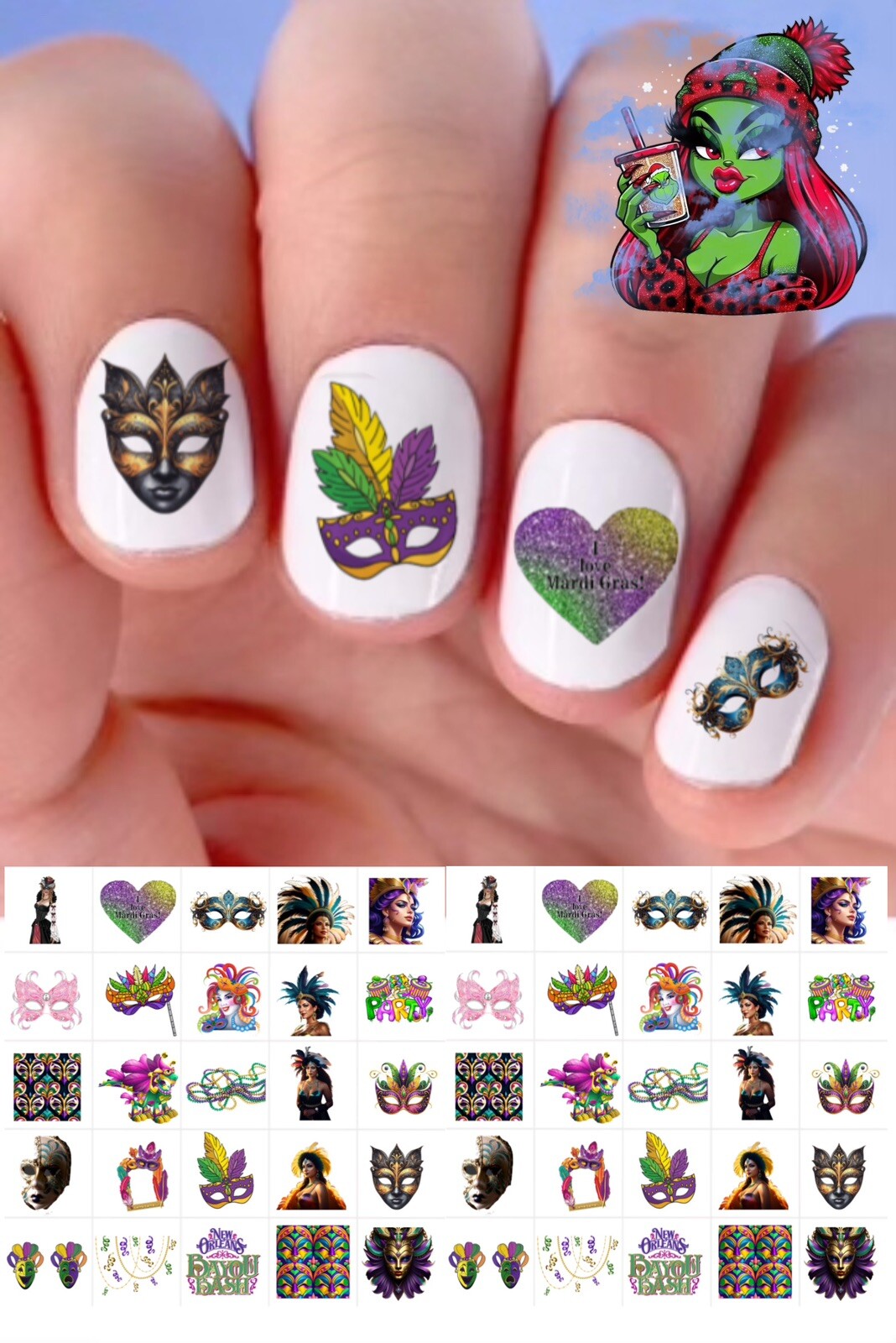 Mardi Gras Waterslide Nail Art Decals Set Of 50 Instruction & Bonus