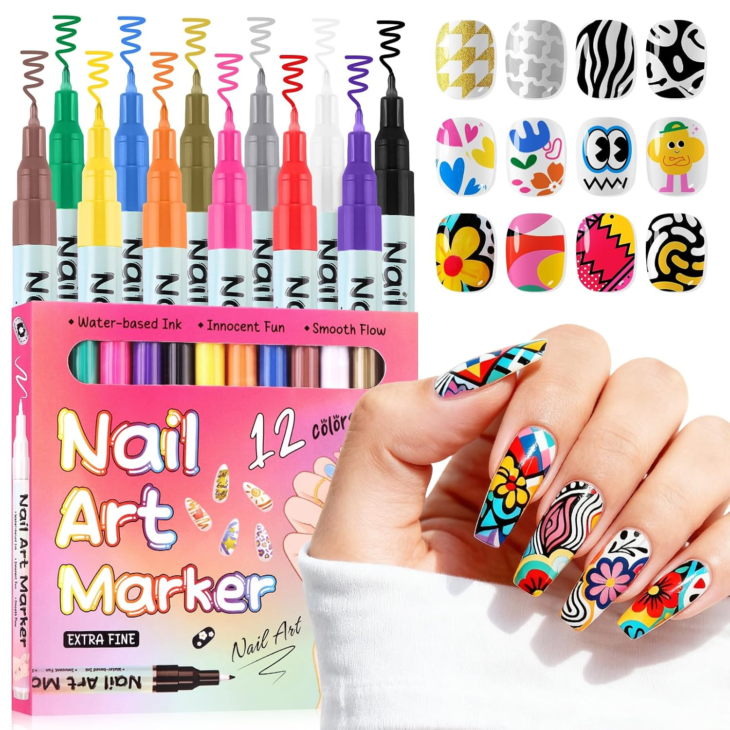 12 Color 3D Nail Art Pens Set, 0.5MM Fine Tip Nail Polish Pens Acrylic Paint Pen