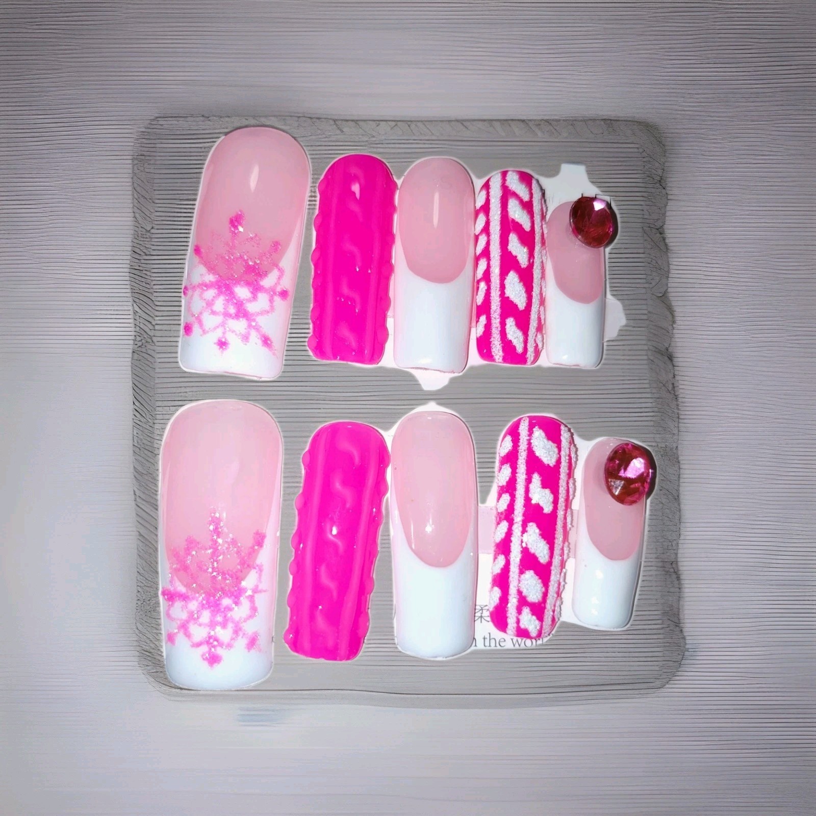 Long Square Pink White 3D Shimmer Snowflake Winter Press-On Nails Full Cover