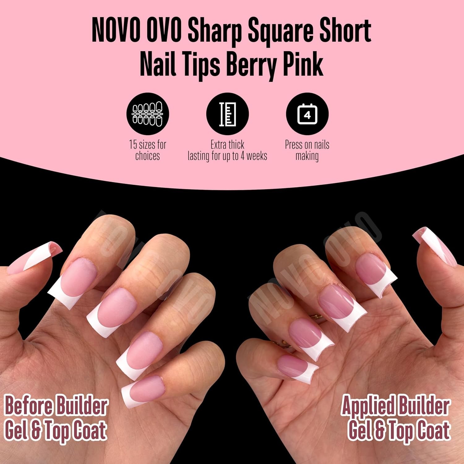 NOVO OVO Short Square French Tip Press-On Nails, Berry Pink, 240 Pcs