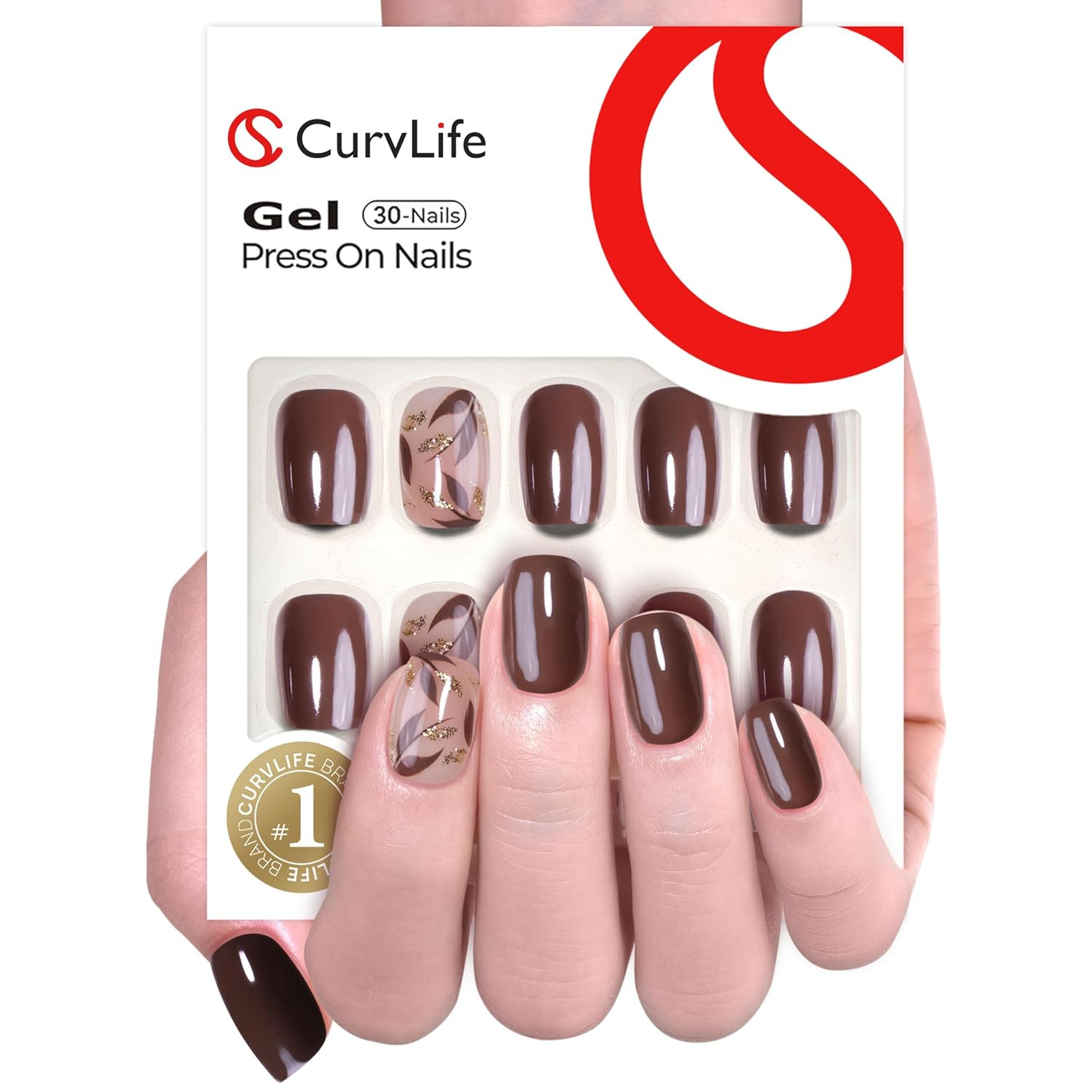 30Pcs Press on Nails, Soft Gel Fake Nail with Botanical Brown Short Square Apric