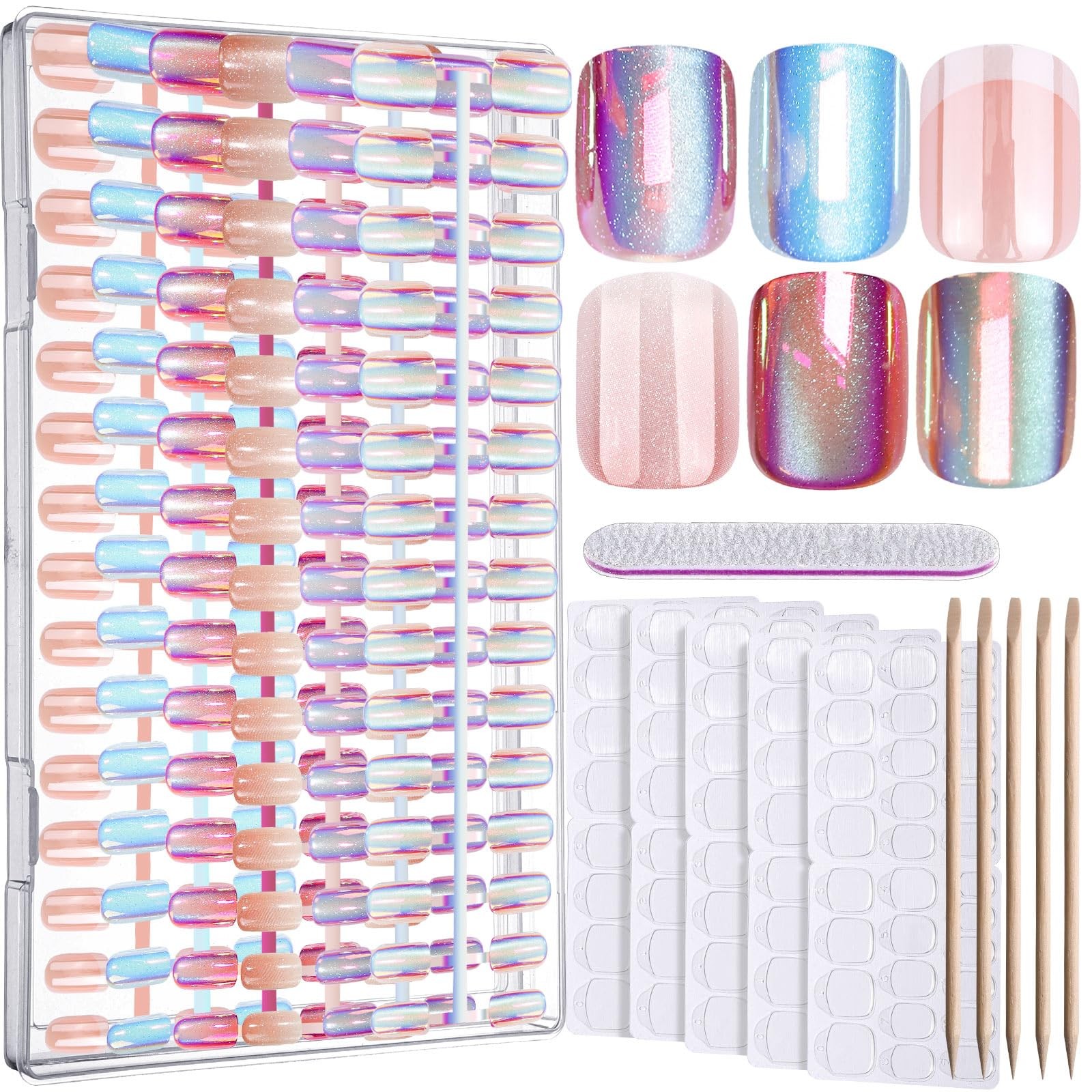 FANDAMEI Press on Nails, 6 Colors Chrome Nails Short, Cat Multicolor