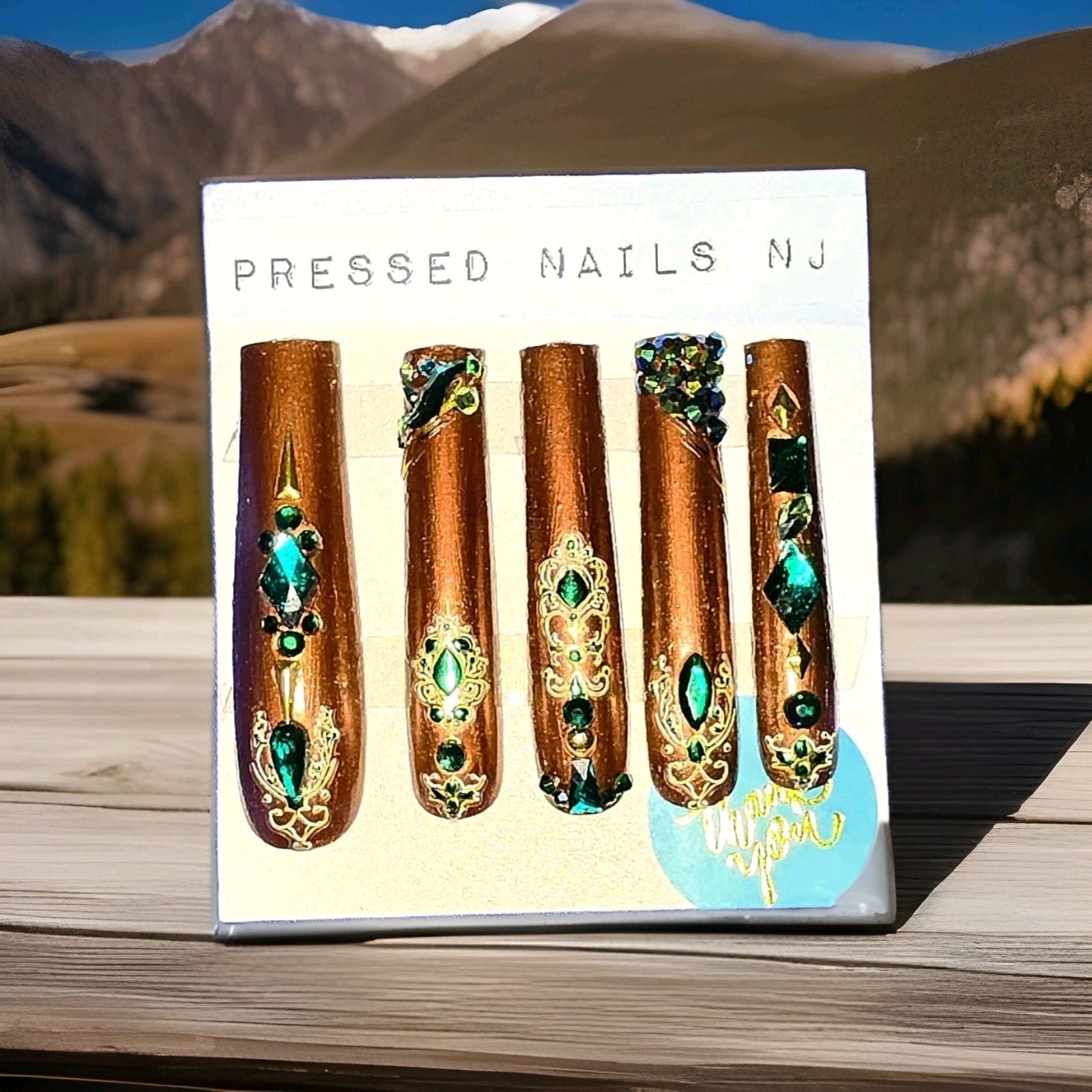 Press On Acrylic Nails 3XL Square 3D Gems Bling Glam Satin Chocolate Brown Green
