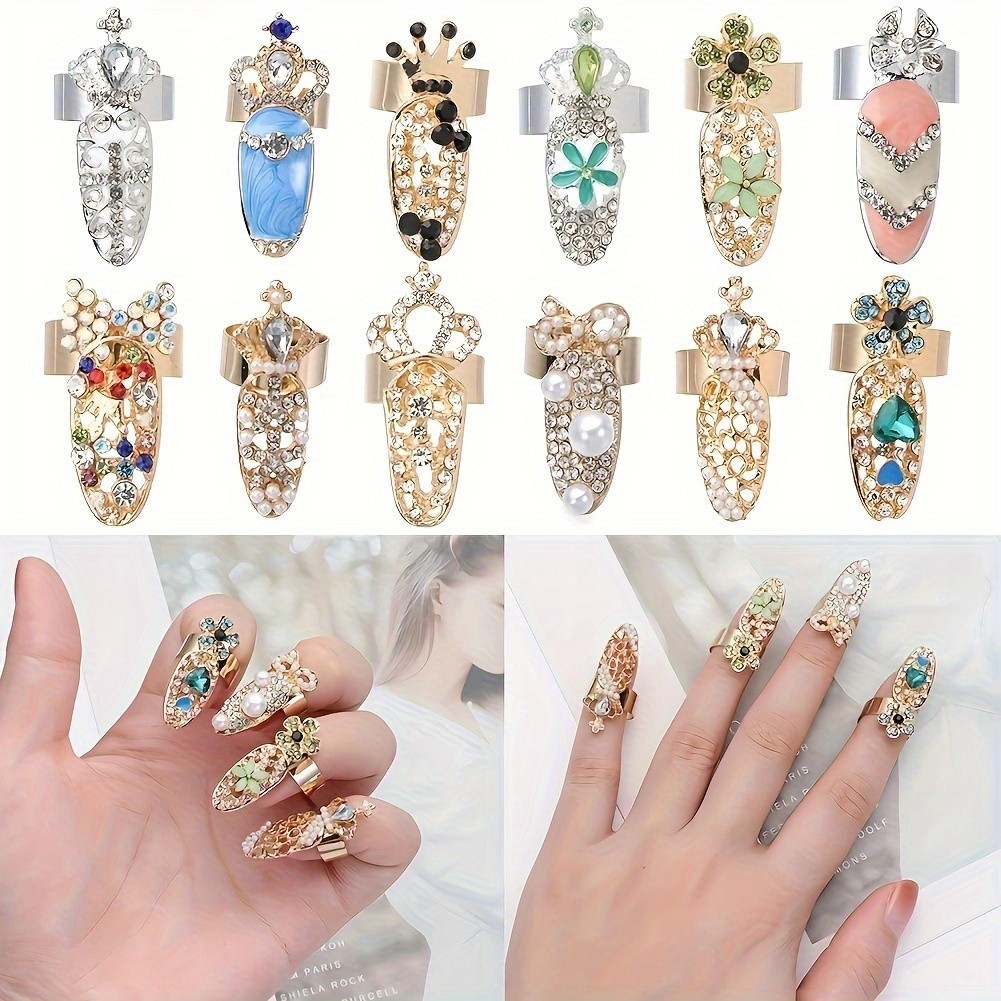 Luxury Crystal Flower Nail Rings Rhinestone Jewelry fits Fashion Runway Styling